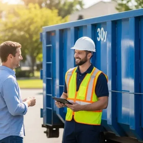 LWC Dumpster Rental driver talking a customer through container placement in Lakewood, CO