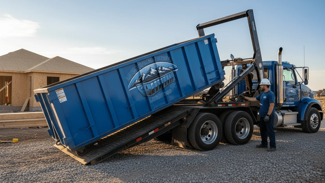LWC Dumpster Rental Lakewood Team Dropping a Dumpster